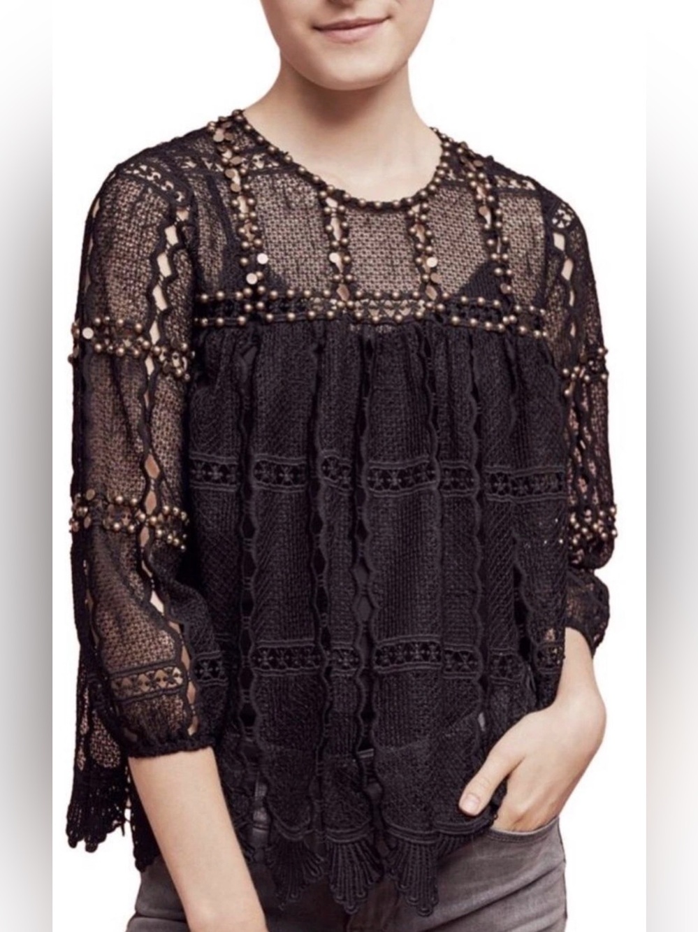 Anthropologie Maeve Auralis Top Black Sheer Lace Eyelet Studded Blouse Women's S